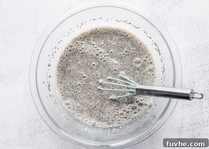 Tropical Mango Chia Dream 4 Glass bowl of chia seed pudding with a whisk in it.