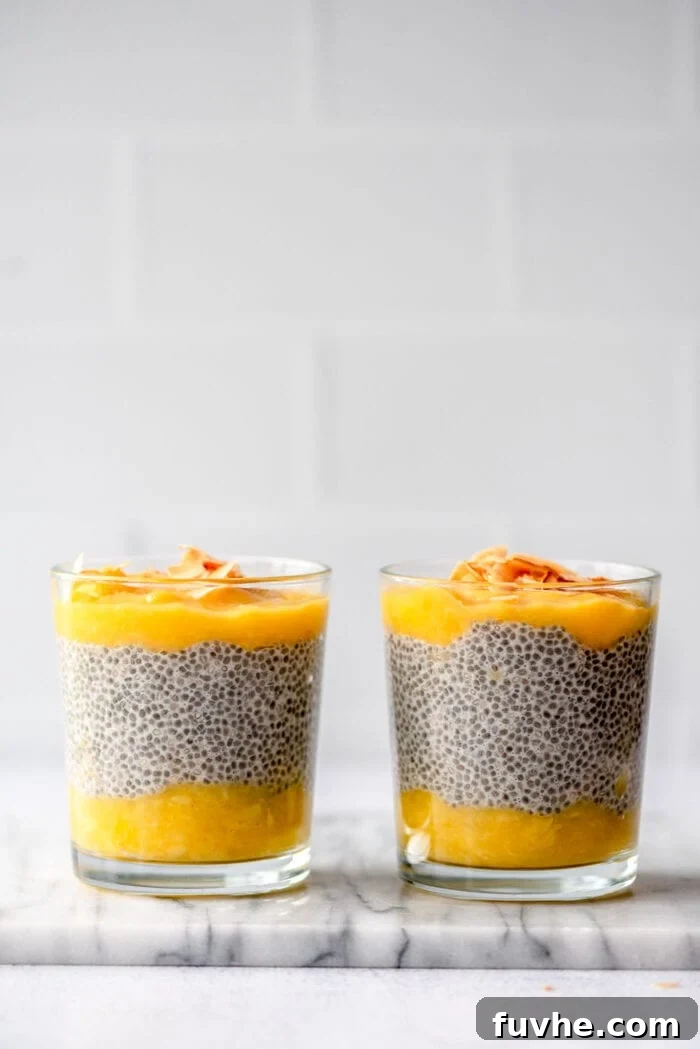 Tropical Mango Chia Dream 6 Two jars of chia pudding between layers of mango puree.