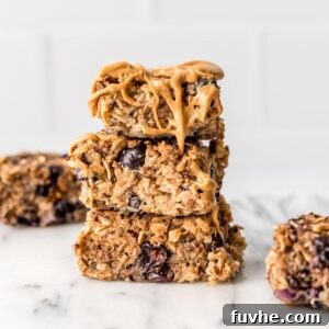 Superfood Quinoa Energy Bars 11 Stack of 3 quinoa and oat baked bars with blueberries, drizzled with peanut buttter.