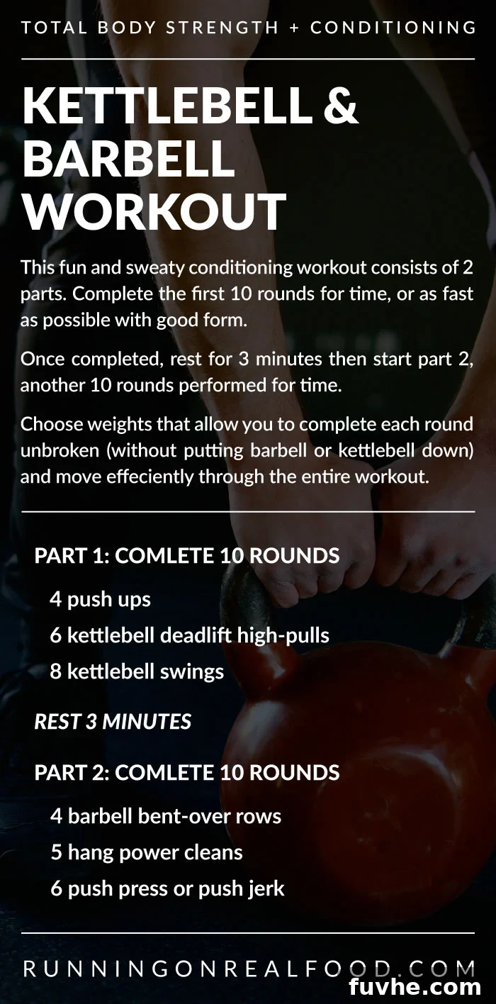 Written workout instructions for a kettlebell and barbell conditioning workout, featuring a graphic representation of the exercises and their structure.
