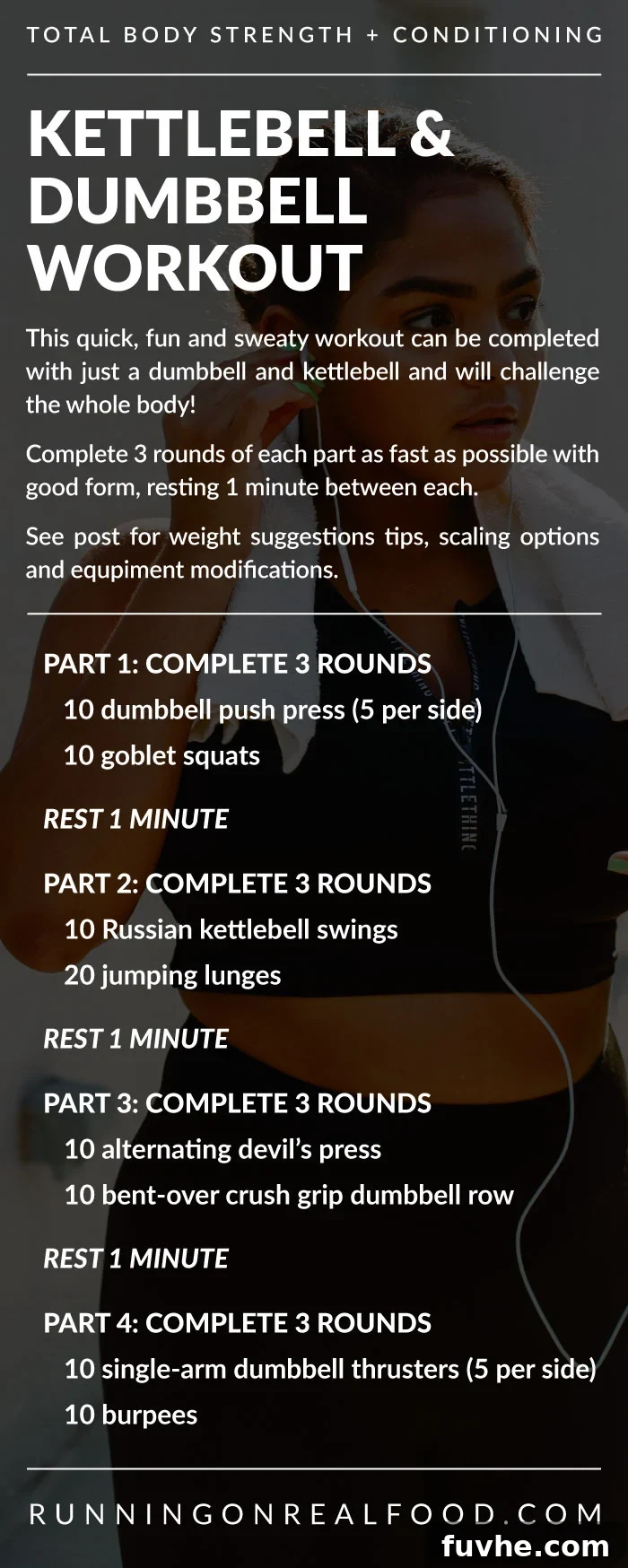 Written workout instructions for a kettlebell and dumbbell workout.