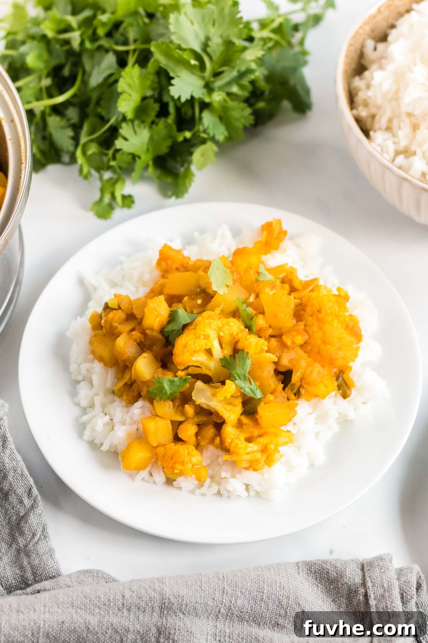 Comforting Cauliflower Potato Curry 2 A vibrant plate of vegan aloo gobi, featuring perfectly cooked curried potatoes and cauliflower florets, served over a bed of fluffy jasmine rice and garnished with fresh cilantro.