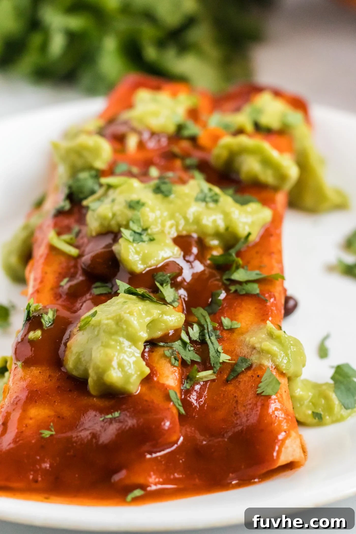 Close up of a freshly baked vegan black bean enchilada topped with creamy guacamole, resting on a white plate, highlighting its rich texture and vibrant colors.