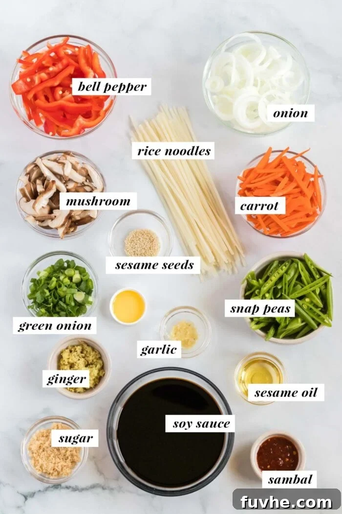 Visual list of ingredients needed for making vegan lo mein, laid out neatly on a kitchen surface.
