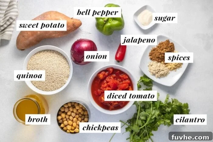 Hearty Sweet Potato Quinoa Skillet 3 Visual list of ingredients for making a curried quinoa and chickpea recipe.