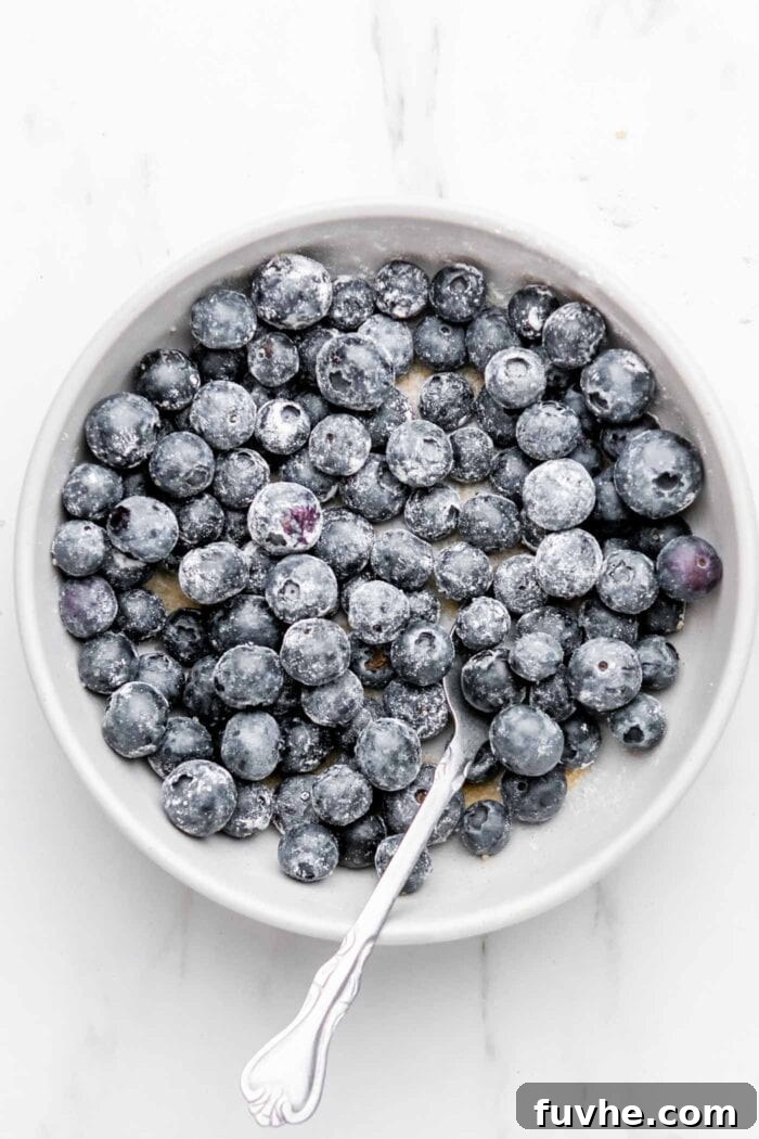Fresh blueberries lightly coated with cornstarch and a hint of sugar in a bowl, ready for the filling.