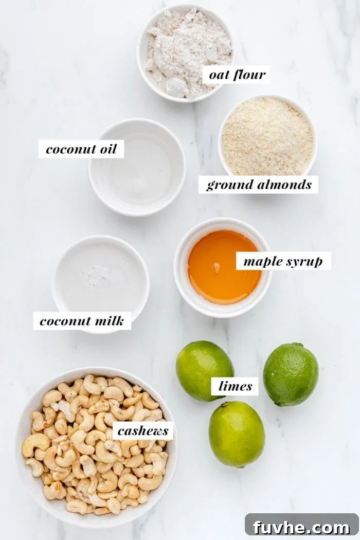 Plant-Based Key Lime Paradise 3 A visual display of all the essential ingredients laid out neatly, ready for making a delicious vegan key lime pie from scratch.