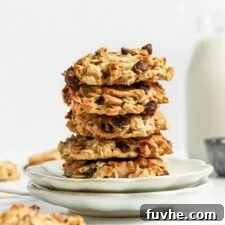 Stack of 3 oatmeal chocolate chip cookies on a small white plate.