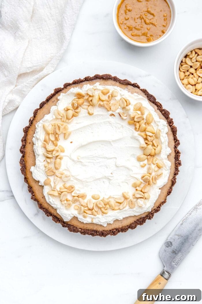 Overhead view of a beautifully decorated peanut butter pie, generously topped with fluffy whipped cream and a sprinkle of chopped peanuts.