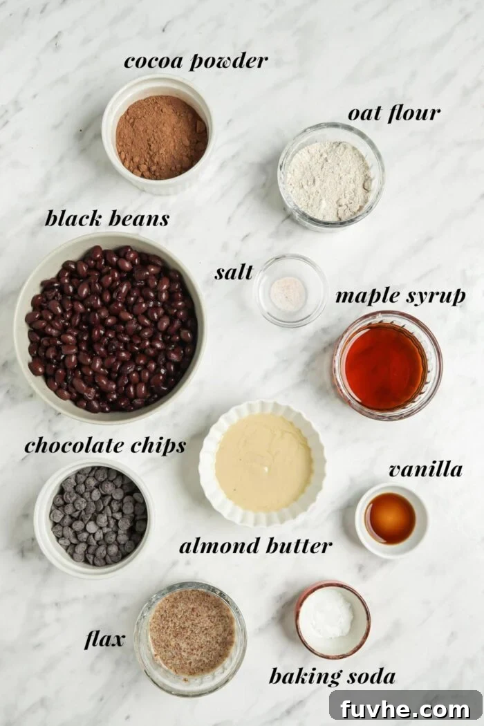 Fudgy Vegan Black Bean Brownies 3 Visual ingredient list for making vegan black bean brownies, laid out neatly.