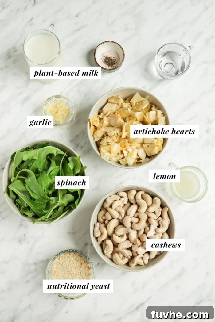 Velvety Vegan Spinach Artichoke Dip 3 Visual list of ingredients for making spinach artichoke dip.