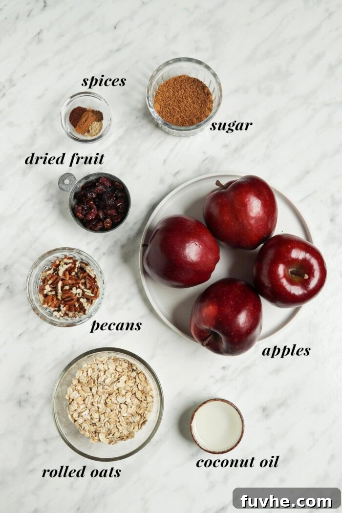 Wholesome Vegan Stuffed Apples 3 A visual guide to the key ingredients for making delicious vegan stuffed baked apples.