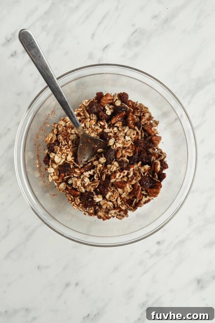 Wholesome Vegan Stuffed Apples 6 A bowl filled with the prepared oatmeal filling ingredients, including oats, sugar, nuts, and raisins, perfectly mixed.
