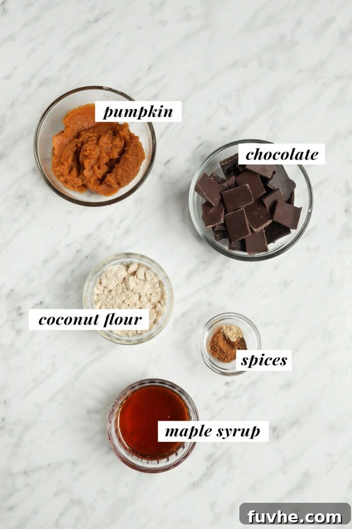 Spiced Vegan Pumpkin Chocolate Truffles 3 Visual list of ingredients for making vegan chocolate pumpkin truffles.