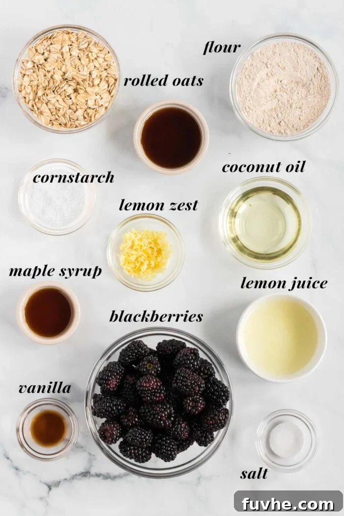 An organized display of fresh blackberries, rolled oats, whole wheat flour, maple syrup, coconut oil, cornstarch, and a lemon, representing the key ingredients needed for a vegan blackberry crumble recipe.