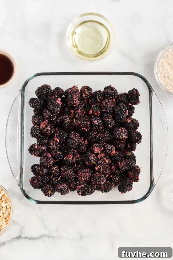 Fresh blackberries mixed with cornstarch, maple syrup, and lemon, layered evenly in a clear glass baking dish, ready for the crumble topping.