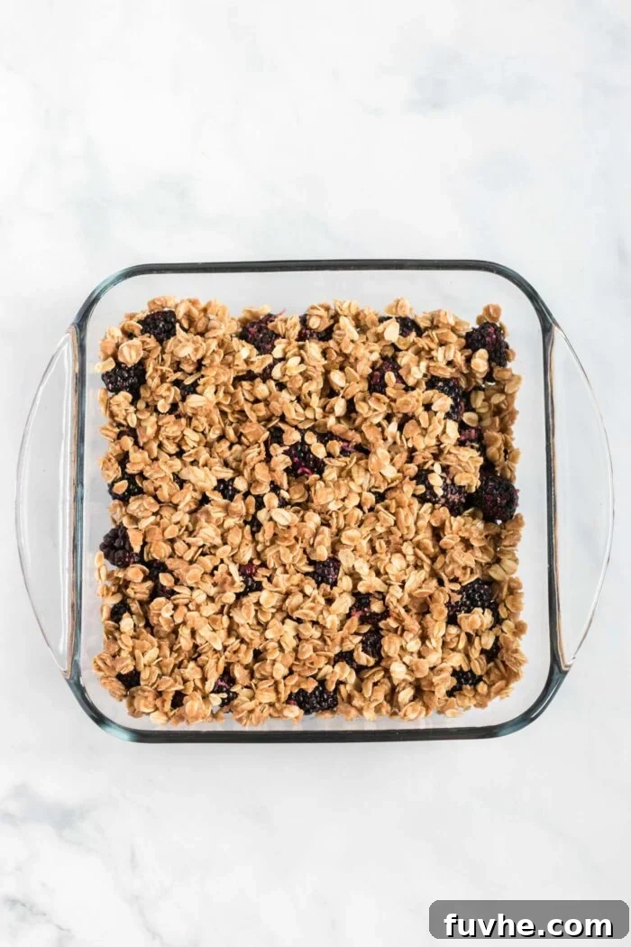A glass baking dish filled with a vibrant layer of blackberries, generously covered with a golden oat crumble topping, ready to be baked to perfection.