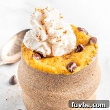 Close up of a pumpkin mug cake with chocolate chips and whipped cream.