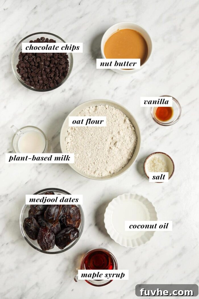 Visual list of labelled ingredients for making homemade veagn twix bars.