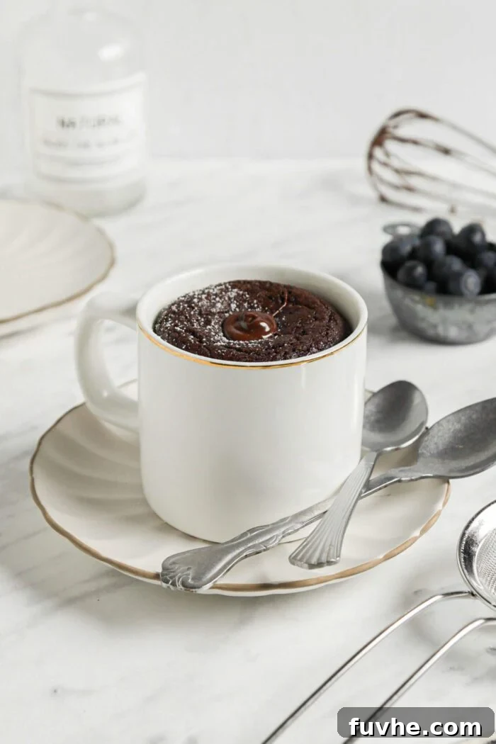 Mugful of Vegan Chocolate Bliss 6 A delicious chocolate mug cake, perfectly cooked and presented on a small plate, with two spoons playfully resting on the side, ready to be enjoyed.