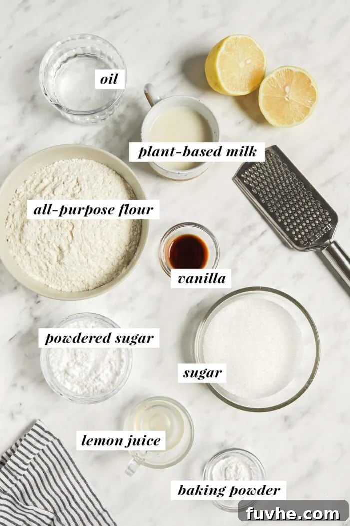 Zesty Vegan Lemon Loaf 3 Visual ingredient list for making vegan lemon loaf cake with icing.