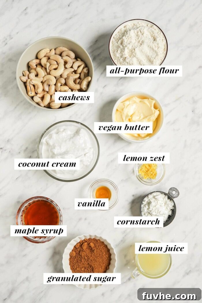 Visual of all the fresh and wholesome ingredients needed for making a creamy vegan lemon bar recipe, neatly arranged on a kitchen counter.