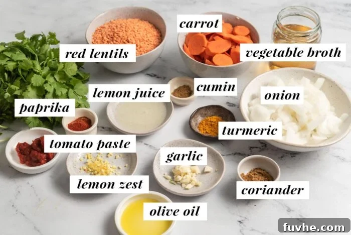 Zesty Lemon Lentil Comfort 3 A visual display of all the fresh and pantry ingredients laid out for making the lemon red lentil soup recipe.