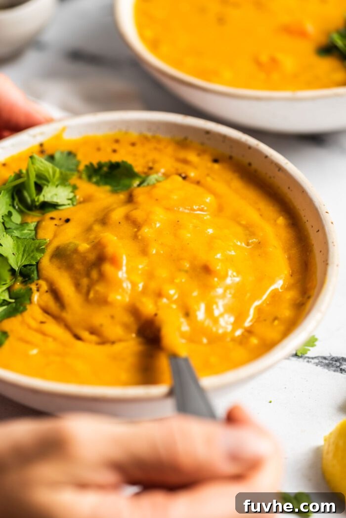 Zesty Lemon Lentil Comfort 9 A spoon lifts a generous portion of vibrant lemon lentil soup, topped with fresh cilantro, from a cozy bowl. A second bowl of soup sits invitingly in the soft background.