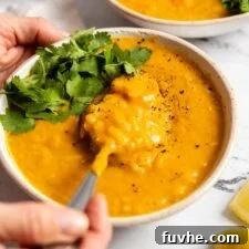 A spoon lifts a generous portion of vibrant lemon lentil soup, topped with fresh cilantro, from a cozy bowl.