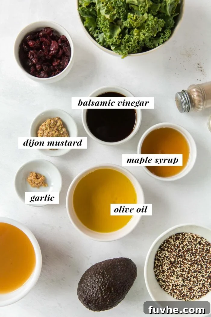 Individual bowls holding balsamic vinegar, olive oil, Dijon mustard, maple syrup, and minced garlic, arranged for making a salad dressing.