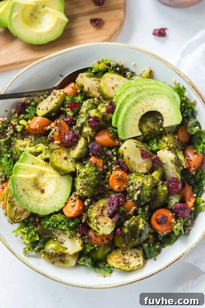 A beautifully presented bowl of warm quinoa kale salad, featuring roasted vegetables and cranberries, gracefully topped with fresh avocado slices.