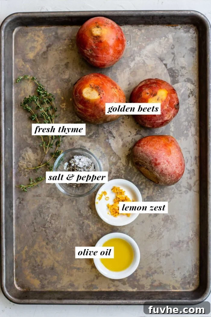 Visual list of ingredients for making an oven roasted golden beet recipe, including beets, olive oil, and herbs.