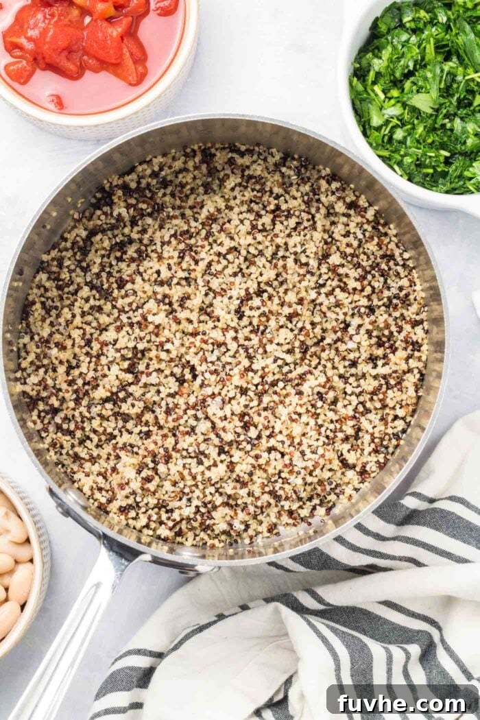 Cooked quinoa, light and fluffy, resting in a large pot after absorbing all the vegetable broth.