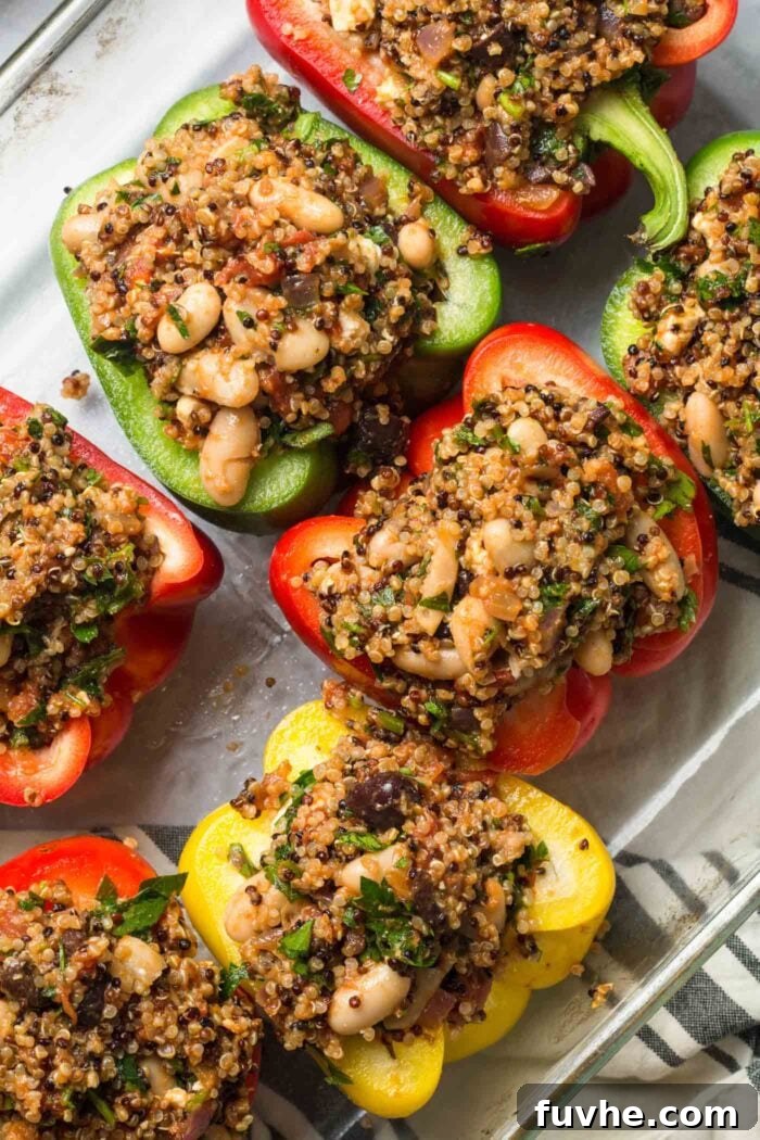Overhead view of a glass casserole dish filled with colorful bell peppers generously stuffed with a quinoa and white bean Mediterranean filling, ready for baking.