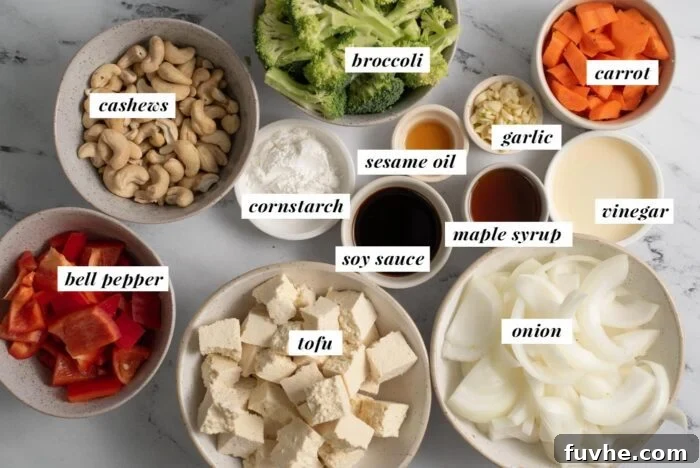 All the ingredients needed for making a cashew tofu stir fry recipe.