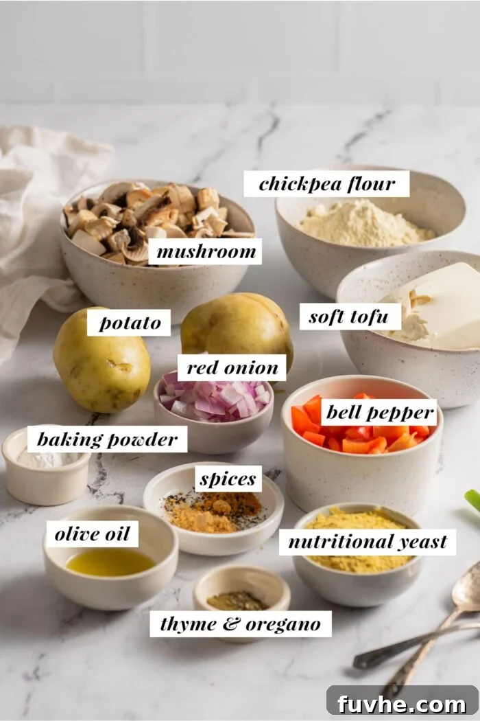 A visual list of all the fresh and wholesome ingredients meticulously arranged for preparing a savory vegan potato breakfast casserole.