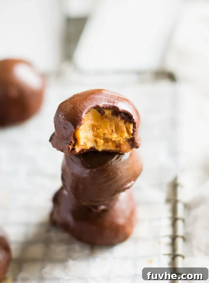 No-Bake Vegan Peanut Butter Chocolate Truffles 2 A stack of 3 chocolate-covered peanut butter balls. The one on top has a bite out of it, revealing the creamy peanut butter filling.