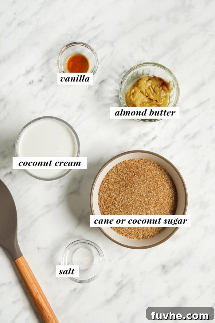 All ingredients needed for making a vegan caramel sauce recipe, neatly arranged and labelled.