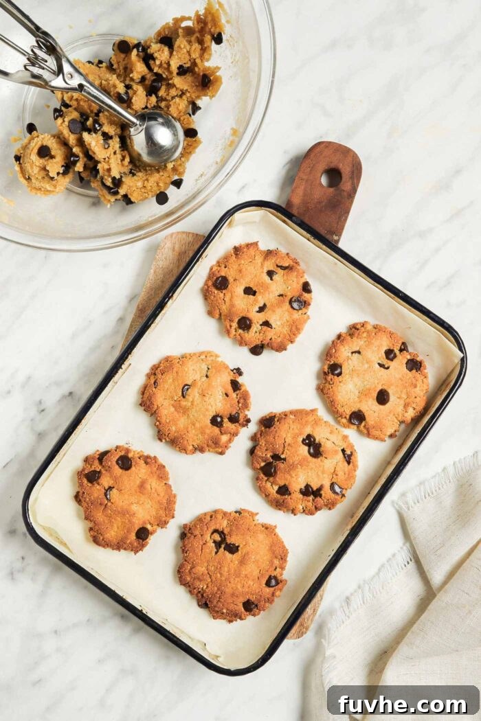 6 baked almond flour chocolate chip cookies on a baking tray.