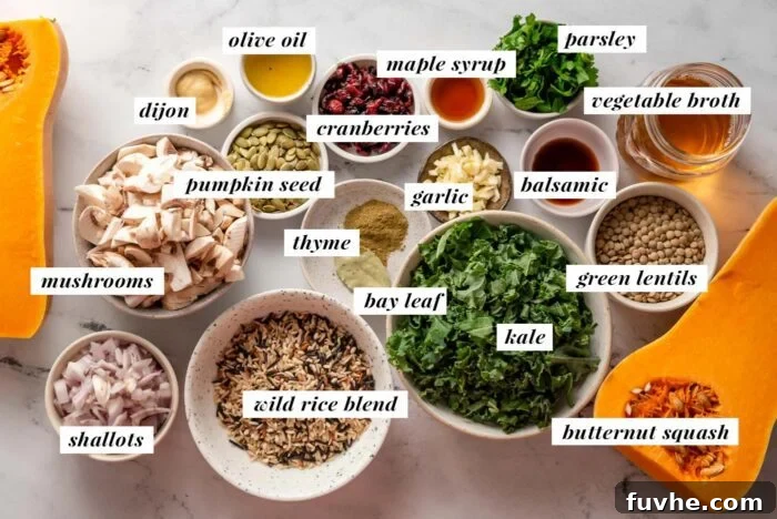 Comforting Vegan Stuffed Butternut Squash 3 All the essential ingredients neatly laid out for preparing a delicious rice and lentil stuffed butternut squash recipe, each item clearly labeled for easy identification.