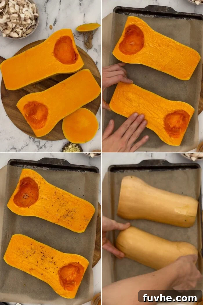 Comforting Vegan Stuffed Butternut Squash 4 Step-by-step photos illustrating the preparation of a butternut squash for roasting on a baking pan.