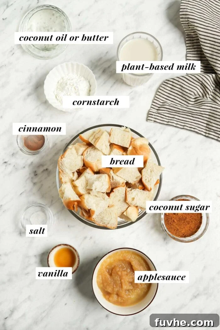 All the ingredients needed for making a baked french toast casserole. Each ingredient is labelled with text overlay.