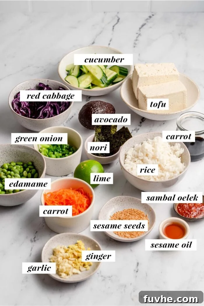 All of the ingredients gathered in bowls for making a vegan tofu poke bowl recipe.