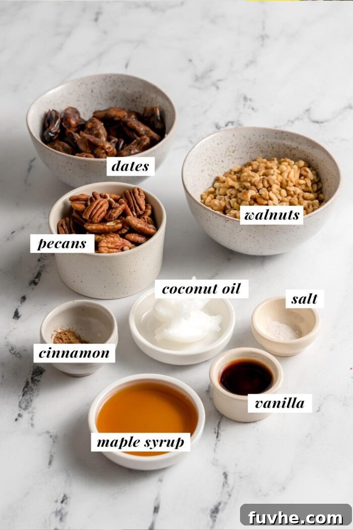 Quick and Easy No-Bake Pecan Tartlets 3 Visual list of ingredients for making a no-bake vegan pecan pie recipe. Each ingredient is labelled with text.