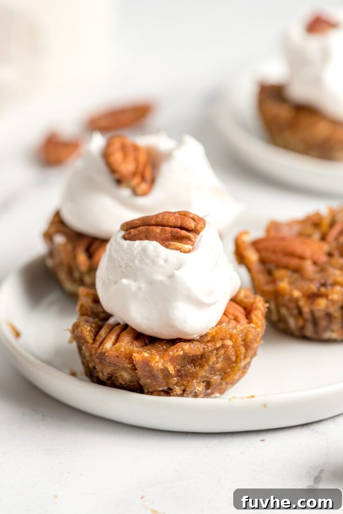 Quick and Easy No-Bake Pecan Tartlets 8 A mini pecan pie tart topped with whipped cream and a pecan on a plate.