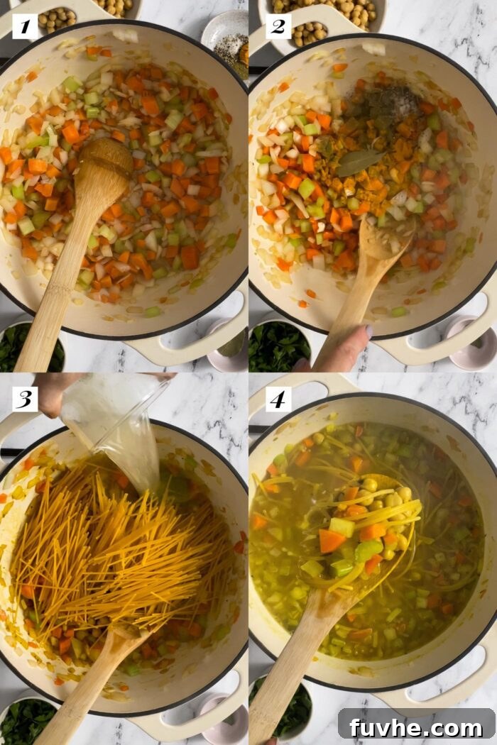 A visual collage illustrating the step-by-step process of preparing wholesome chickpea noodle soup, from raw ingredients to a simmering pot.