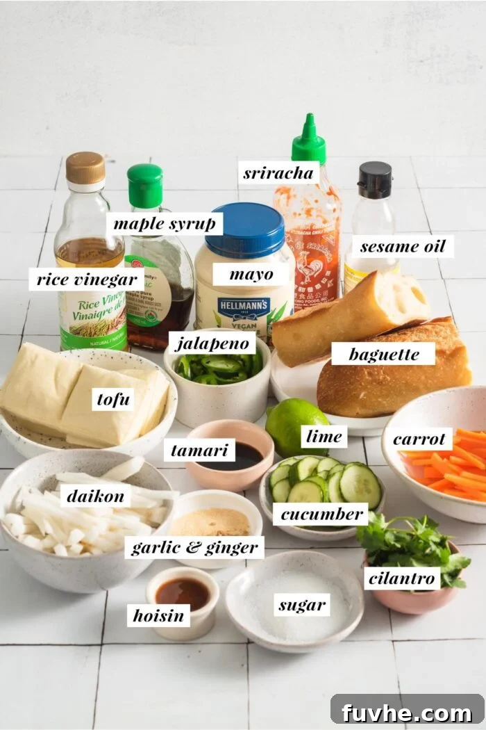 Ultimate Vegan Tofu Banh Mi 3 All the ingredients needed for making a tofu bahn mi sandwich with spicy mayo and pickled carrot and daikon.