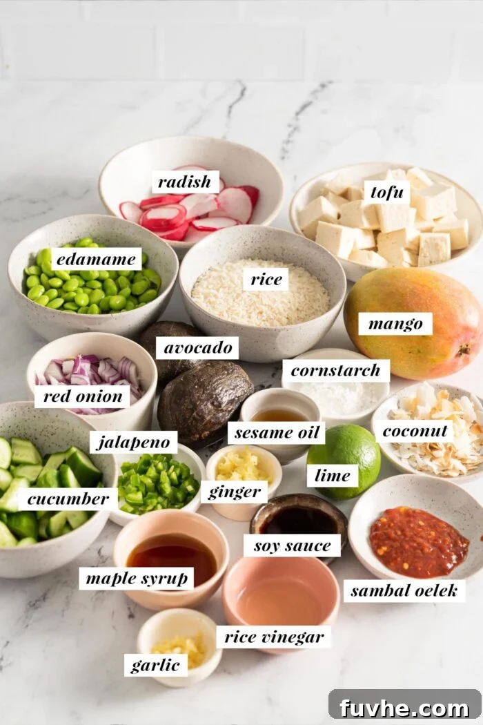 All the ingredients needed for making a mango avocado tofu rice bowl. Each ingredient is labelled with text, showcasing a variety of fresh produce, tofu, and sauces.