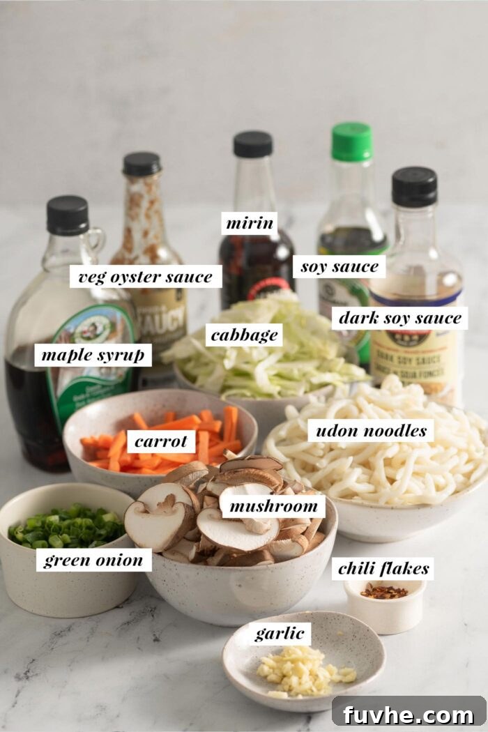 Flavorful Vegan Udon Noodle Stir Fry 3 All the ingredients gathered for making a vegan udon noodle stir fry with vegetables, arranged neatly.