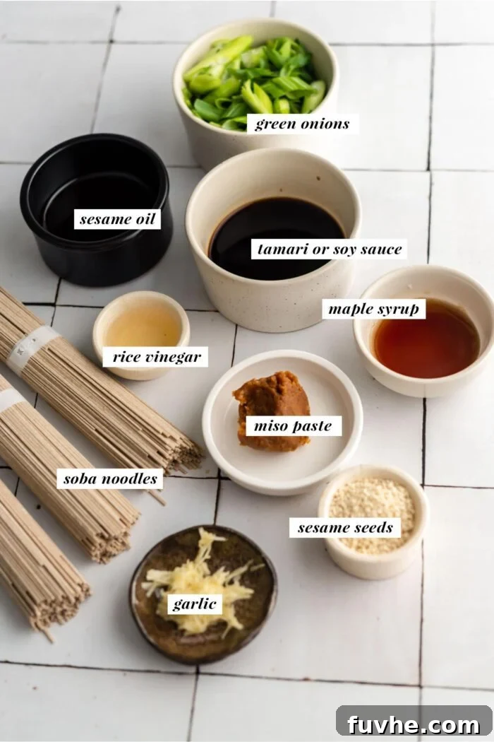 Zesty Soba Noodle Delight 3 All the ingredients gathered for making a hot or cold sesame soba noodle salad with green onions. Each ingredient is labelled with text describing it.